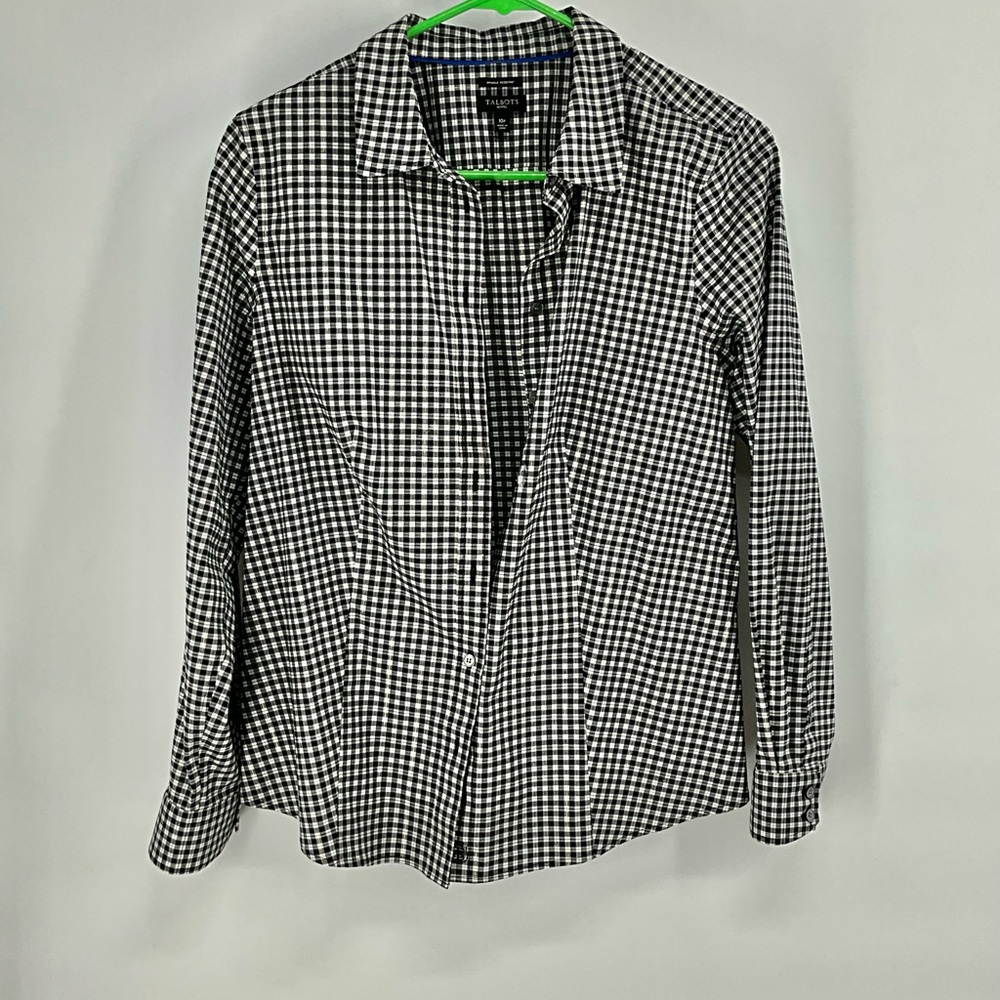Talbots Petites Black and White Checkered Button-Up Shirt 10P